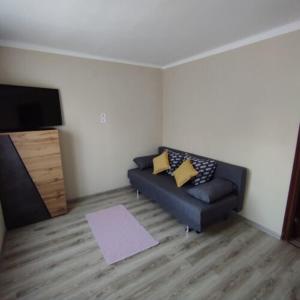 ein Wohnzimmer mit einem Sofa und einem Flachbild-TV in der Unterkunft Horizont Apartman Szihalom in Szihalom