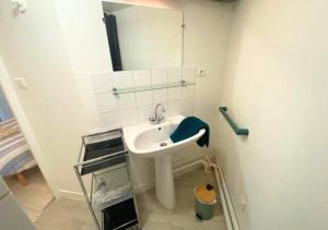 ein Bad mit einem Waschbecken und einem Spiegel in der Unterkunft Le Sainte-Croix - Poitiers Centre - La Conciergerie. in Poitiers
