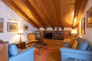 a living room with blue furniture and a wooden ceiling at Casa Marmarole in Borca di Cadore