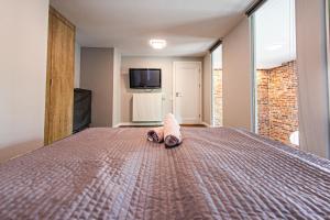 sypialnia z łóżkiem z wypchanym zwierzakiem w obiekcie Euro Apartments Szafarnia Delux w Gdańsku