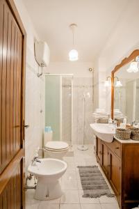 y baño con aseo, lavabo y ducha. en La Casa Sul Fiordo Lago del Turano, en Paganico