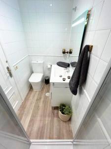 a white bathroom with a toilet and a sink at Holibai, Curuxa, Tranquilidad En El Casco Histórico De Baiona in Baiona