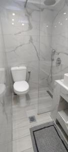 a white bathroom with a toilet and a shower at Sweetmar guest Rooms-ground floor in Kos