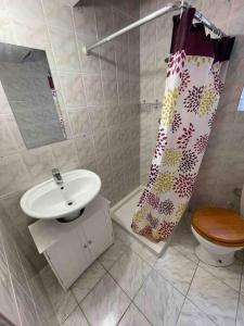 łazienka z umywalką, toaletą i zasłoną prysznicową w obiekcie Chez dada w Grenoble