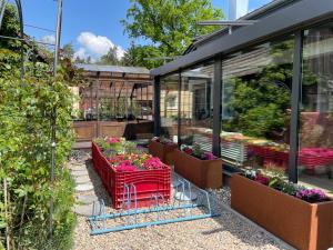 呂貝瑙的住宿－Spreewaldhaus Widwan，温室里种着红色桌子和鲜花的花园