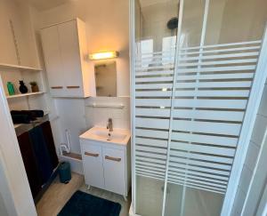 een kleine badkamer met een wastafel en een douche bij L’Escale Dorée - Hyper Centre - 8 personnes in Barentin