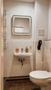 a bathroom with a white toilet and a mirror at Apartments am Rheingarten in Cologne