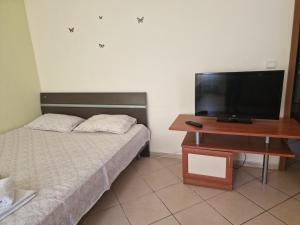 a bedroom with a bed and a desk with a television at M-amadeus in Sunny Beach