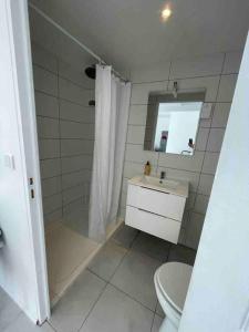 een badkamer met een douche, een wastafel en een toilet bij Lumineux et spacieux logement indépendant in Le Taillan-Médoc