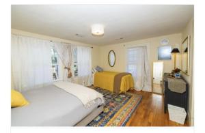 1 dormitorio con 2 camas, ventana y alfombra en Luxury Apartment 2 Blocks from AU Campus. Use of Garden & Bonfire, en Auburn