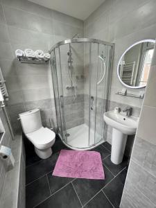 ein Bad mit einer Dusche, einem WC und einem Waschbecken in der Unterkunft Hôtel de Guise SARL in Guise