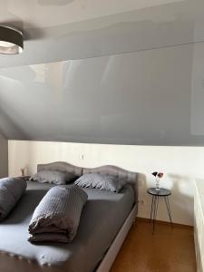 uma cama com duas almofadas num quarto em LifeStyle Apartment Sinsheim em Sinsheim