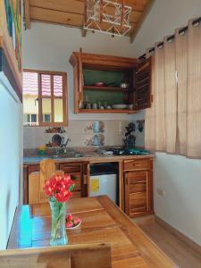 a kitchen with a table with a vase of flowers on it at Villas Montelindo in Constanza