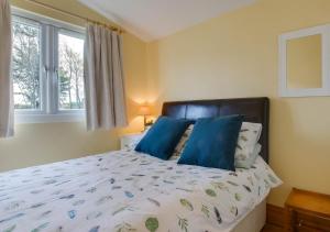 a bedroom with a bed with blue pillows and a window at Pine Tree Cabin in Saint Merryn