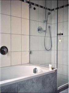 a bathroom with a shower and a bath tub at Apartment im Obstgarten in Rottau
