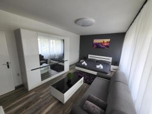 a living room with a couch and a bed at Cosmopolitan Apartman in Sárospatak