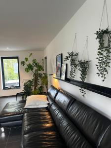 a black leather couch in a living room with plants at Le Vieux Moulin in Marche-en-Famenne