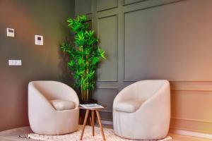 2 Stühle in einem Zimmer mit Pflanze in der Unterkunft Theme - Taghazout - Luxury villa - 10 Px in Taghazout