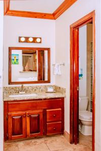 a bathroom with a sink and a mirror and a toilet at Mayan Princess Hotel in San Pedro