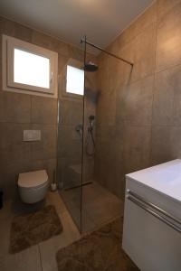 uma casa de banho com um chuveiro, um WC e um lavatório. em Ascona for Two em Ascona