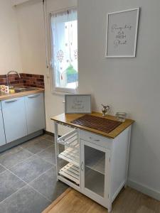 a kitchen with a island with a counter top at Studio lumineux de 35m2 au cœur de Solesmes in Solesmes +2 photos