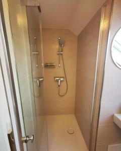 a bathroom with a shower with a glass door at Ferienwohnung Rein in Oberteuringen