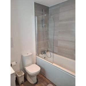 ein Bad mit einem WC und einer Glasdusche in der Unterkunft Stylish One Bedroom City Centre Apartment with Free Parking in Birmingham