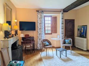 a living room with a fireplace and a tv at Charmante Demeure 17ème 4ch-3sdb in Bioussac