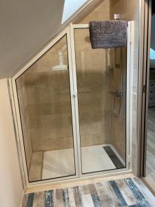 a shower with a glass door in a room at LOGIS DU FAUBOURG petite maison de charme, tranquille, calme et lumineuse in Val-de-Mercy
