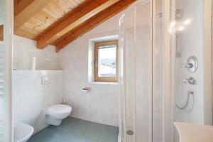 a white bathroom with a toilet and a shower at Ferienwohnungen Zwick Valarga in Burgusio