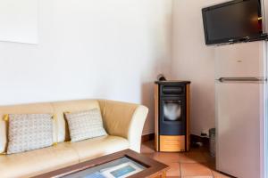 uma sala de estar com um sofá e uma televisão em Il Giardino ai Volti 2P, Caldonazzo Ospitar em Caldonazzo