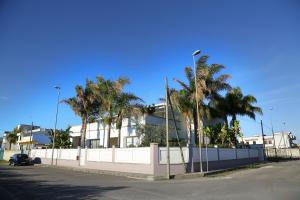 una calle con palmeras y una valla blanca en La Vigna, en Leverano