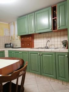 Apartment Maria في إينّا: مطبخ مع دواليب خضراء ومغسلة وطاولة