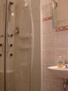 a shower with a glass door next to a sink at Pension Easy Journey in Prague
