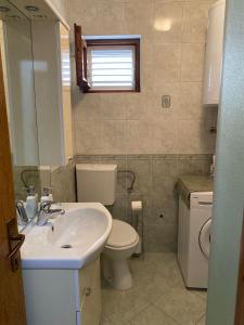 uma casa de banho com um lavatório branco e um WC. em Studio apartment Novak em Cilipi