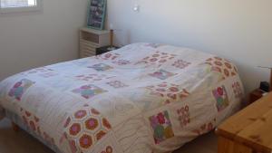 ein Bett mit einer Decke in einem Schlafzimmer in der Unterkunft appartement pas loin des montagnes in Gap