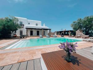 uma piscina com um vaso de flores num deque de madeira em Dreamy Boho 5bed Villa with Pool and Ocean View em Míconos