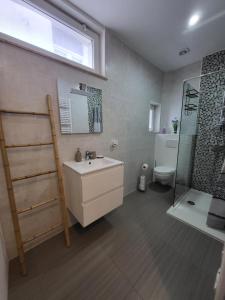 a bathroom with a sink and a shower and a toilet at House of Mima in Brussels