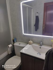 een badkamer met een wastafel, een toilet en een spiegel bij El naranjo in Gama