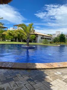 a swimming pool with a palm tree in front of a building at Santo Mar Em São Miguel do gostoso in Touros