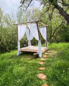 un lit à baldaquin dans un champ d'herbe dans l'établissement Casutele din Livada, à Corbi