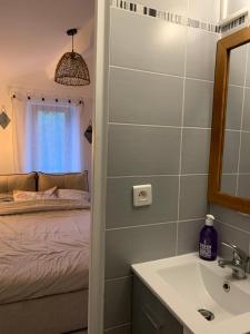 a bathroom with a bed and a sink and a mirror at TinyHouse in La Roquette-sur-Siagne