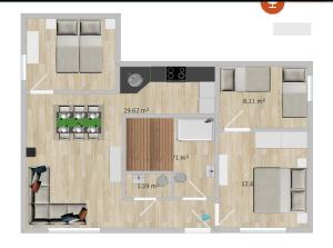 un plano del piso de un condominio con un diseño en Ferienhaus 2-6 Pers Europa Feriendorf neu renoviert mit Sauna, en Husen