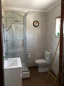 y baño con ducha, aseo y lavamanos. en Casa Almenara, en Quinta do Anjo