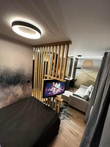 a living room with a couch and a flat screen tv at Planinska kuća in Jahorina