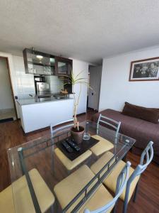 a living room with a glass table with a plant on it at Familiar en el centro de Santiago 16 B in Santiago