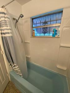 a bathroom with a shower and a window at Vintage Vero Bungalo II in Vero Beach