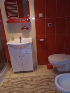 a bathroom with a sink and a toilet and a mirror at Gospoda Rycerska in Szydłów