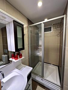 La salle de bains est pourvue d'une douche en verre et d'un lavabo. dans l'établissement Cihangir Ekinci Plaza -2-, à Istanbul
