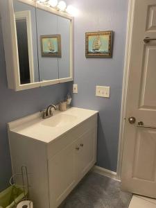 W łazience znajduje się biała umywalka i lustro. w obiekcie Vintage Vero Bungalow w mieście Vero Beach